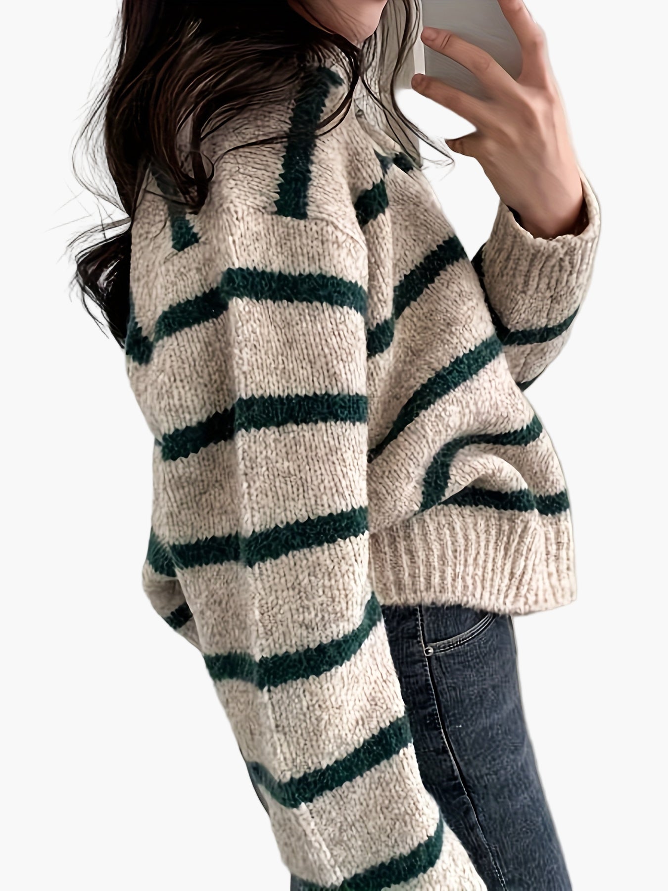 Damen Strickpullover mit Streifen und Kragen – Eleganter Freizeit-Look für Herbst und Winter