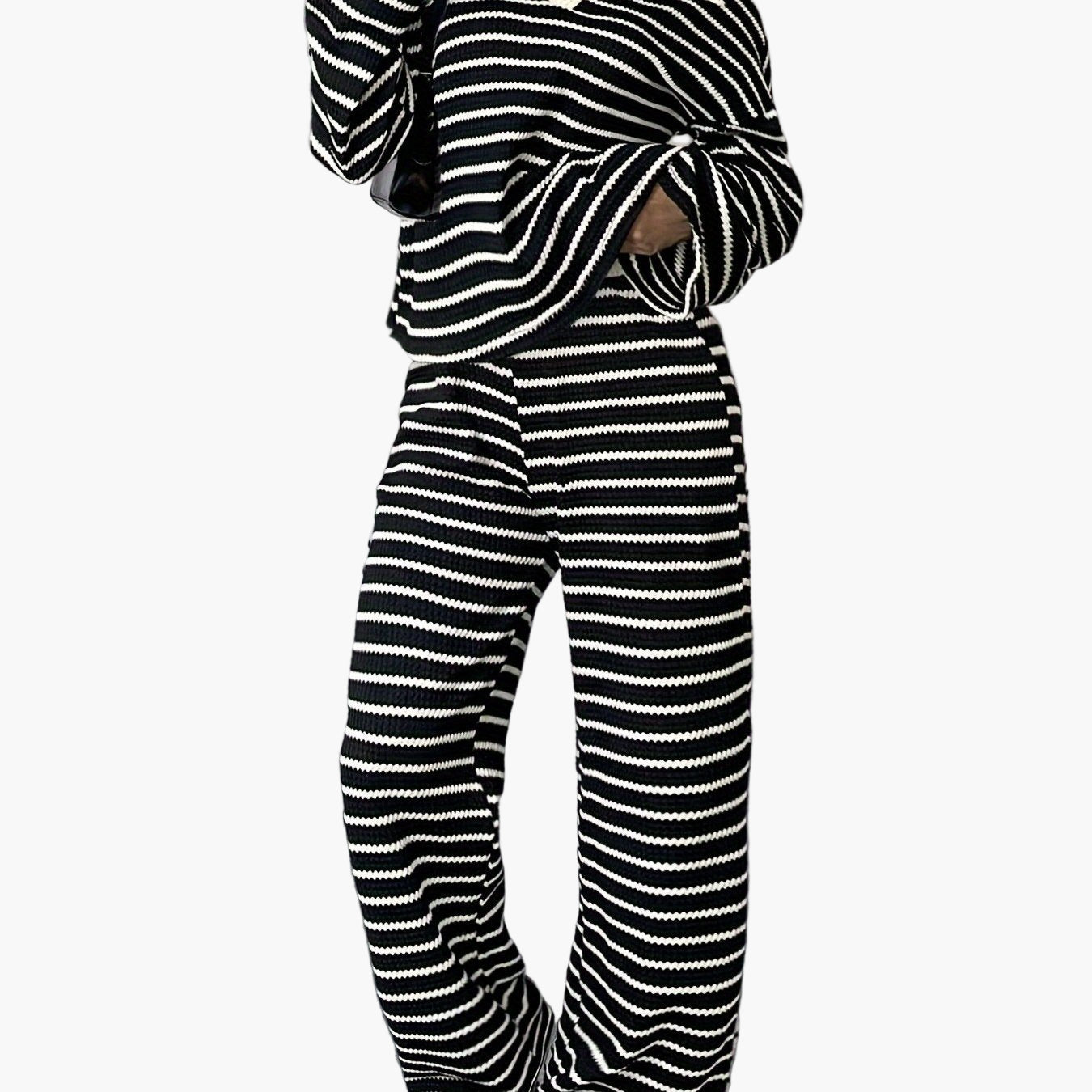 Damen Strick Zweiteiler Set Elegant Gestreift Lockerer Freizeit-Look für Herbst/Winter