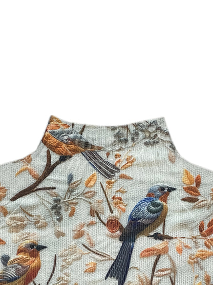 Damen Pullover mit Vogel-Print und hohem Kragen – Eleganter Herbst/Winter Look