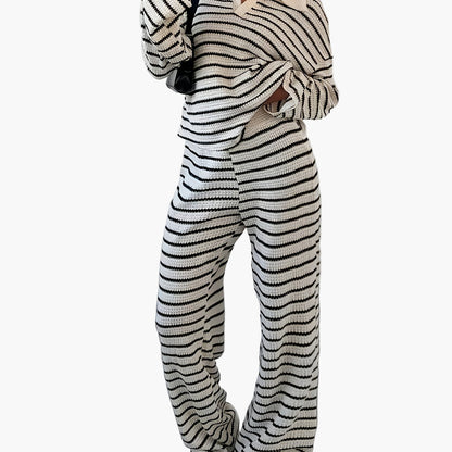 Damen Strick Zweiteiler Set Elegant Gestreift Lockerer Freizeit-Look für Herbst/Winter