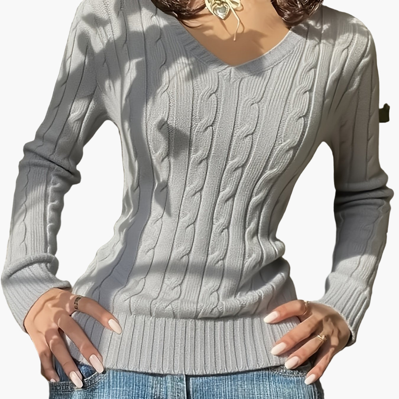 Damen Strickpullover mit Zopfmuster und V-Ausschnitt – Modischer Freizeit-Look