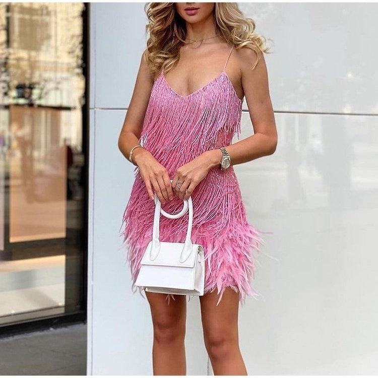Damen Fransen A-Linien Partykleid mit Spaghettiträgern – Elegantes 20er Jahre Stil Abendkleid für besondere Anlässe