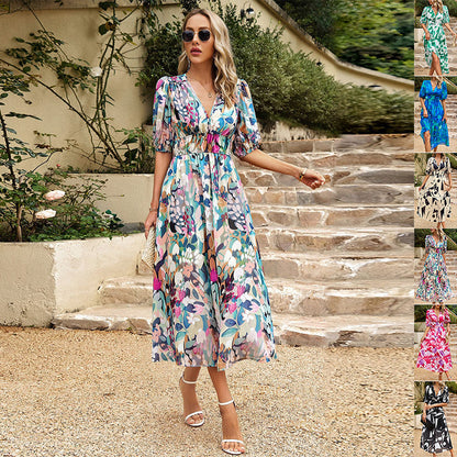 Damen Sommerkleid mit V-Ausschnitt und Puffärmeln – Elegantes Freizeitkleid mit Blumenmuster, Chiffon, Knielang