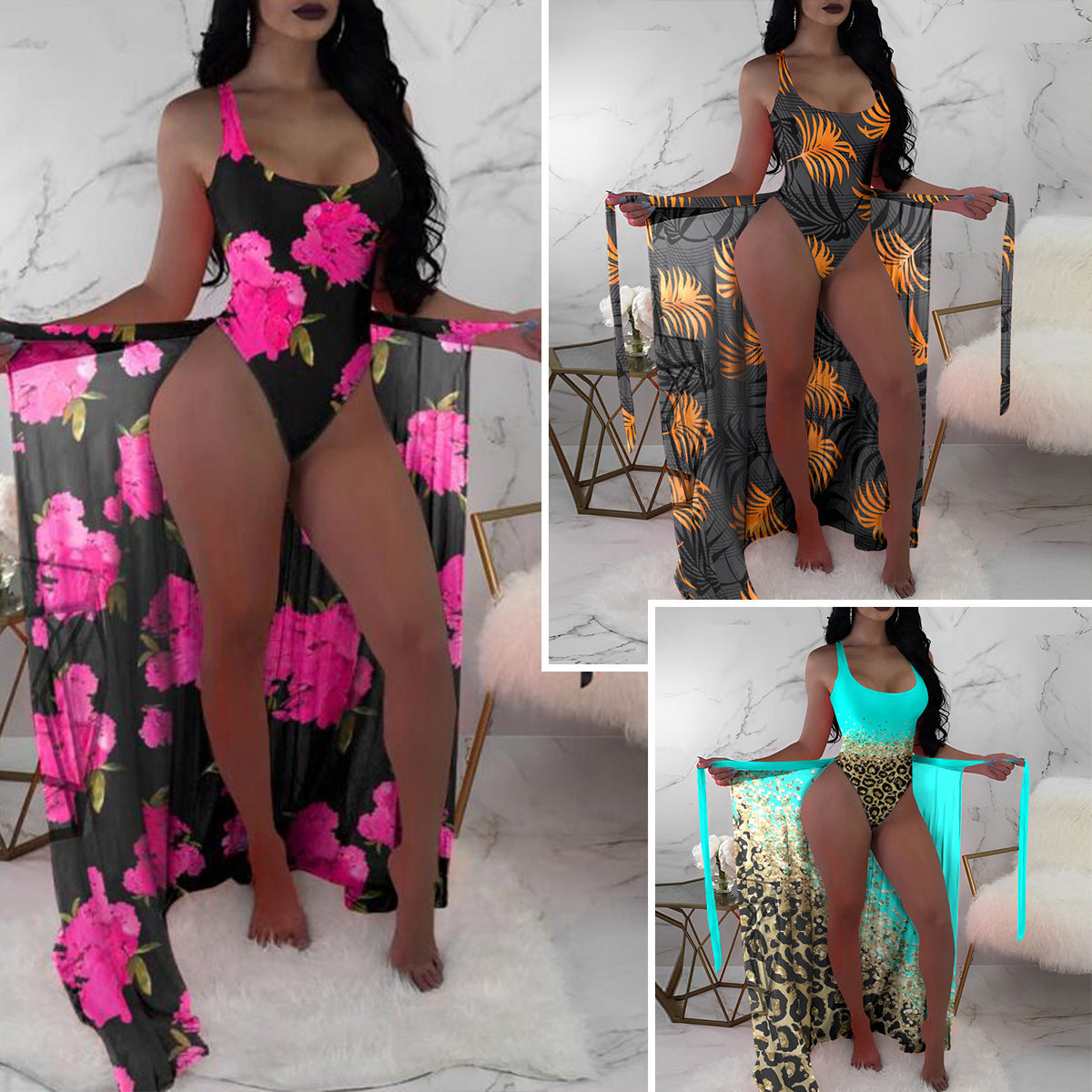 Caroline – Dreiteiliges Set mit Mesh-Oberbekleidung und buntem Bikini