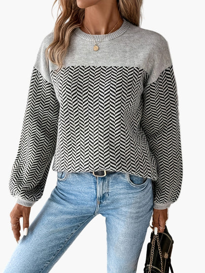 Damen Casual Strickpullover mit Hahnentritt-Muster und Rundhalsausschnitt – Perfekt für Herbst und Winter