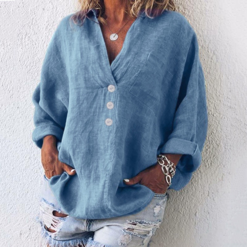 Ruby – Langärmlige Bluse aus Premium-Veganleinen mit V-Ausschnitt
