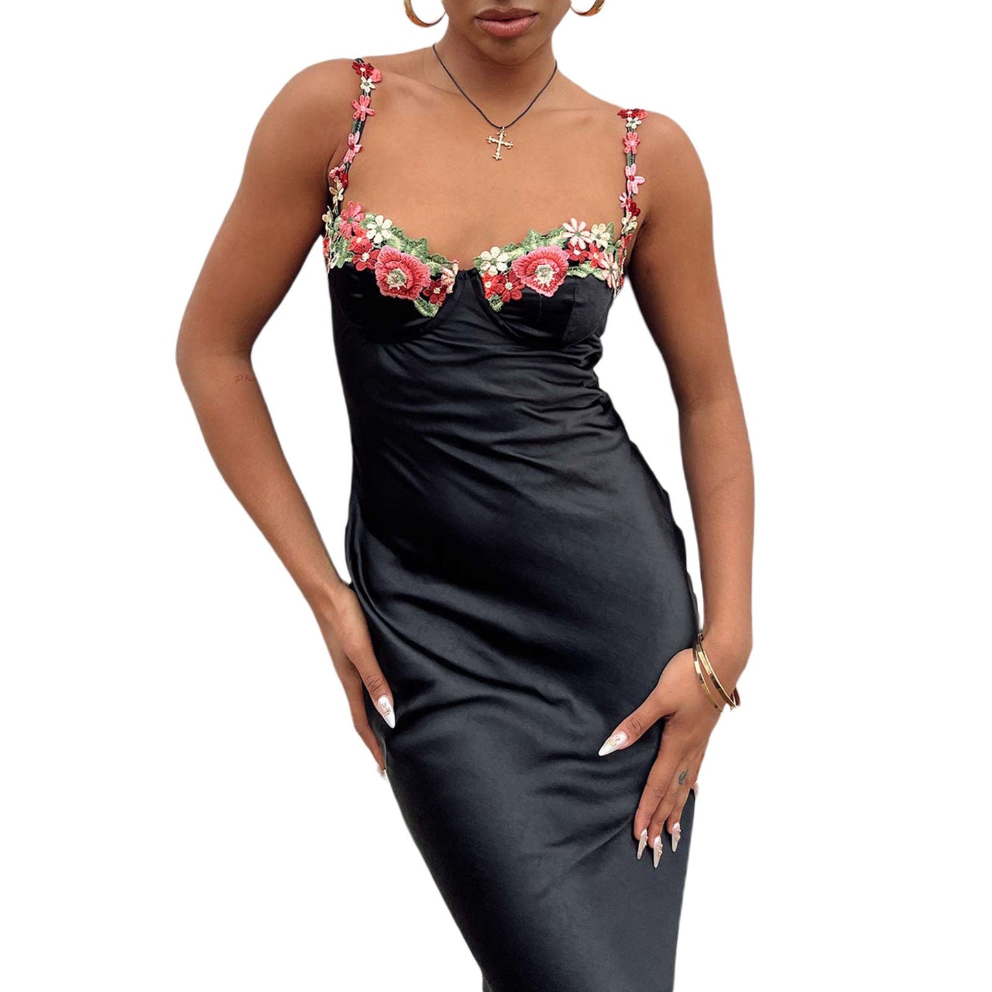 Damen Satin Maxikleid mit Blumenstickerei – Elegantes Abendkleid im Slip-Design