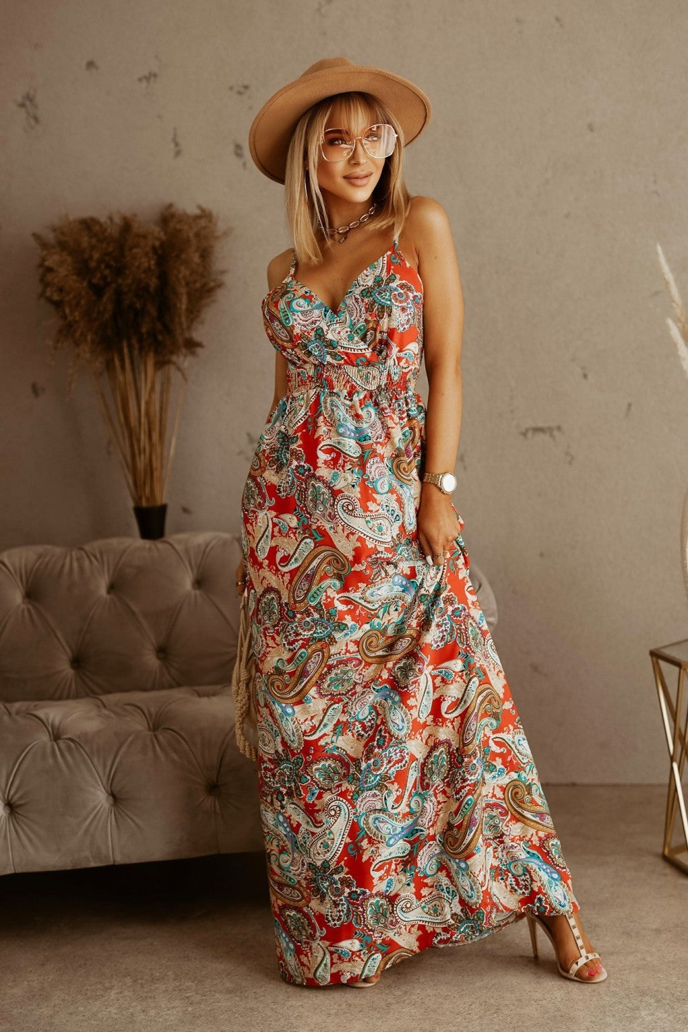 Danielle – Ärmelloses Boho-Maxikleid mit Print