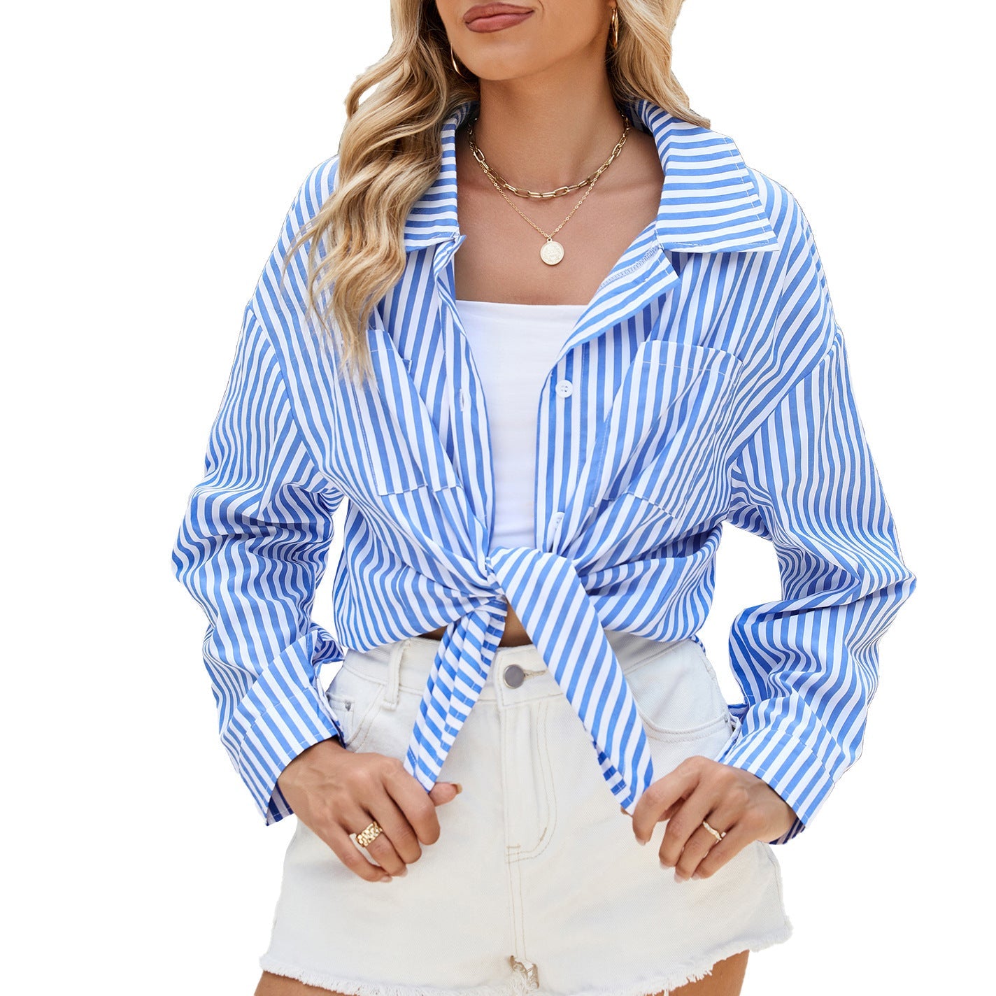 Anna – Lässiges gestreiftes Langarmshirt mit Taschen und Knöpfen für Damen