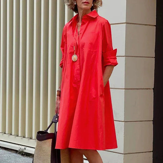 Damen A-Linien Hemdblusenkleid mit Polo-Kragen – Lässiges Midikleid für Alltag und Freizeit