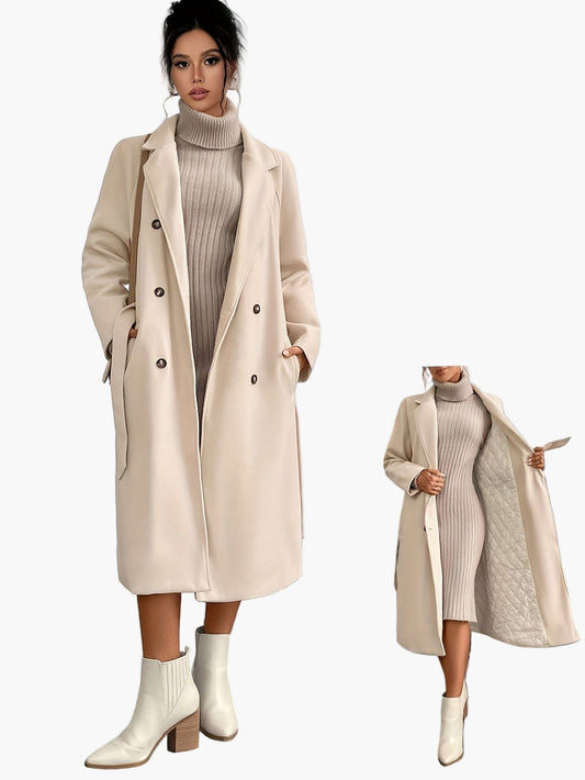 Damen Eleganter Wintermantel mit Gürtel und Taschen – Stilvoller Langmantel für Alltag & Büro