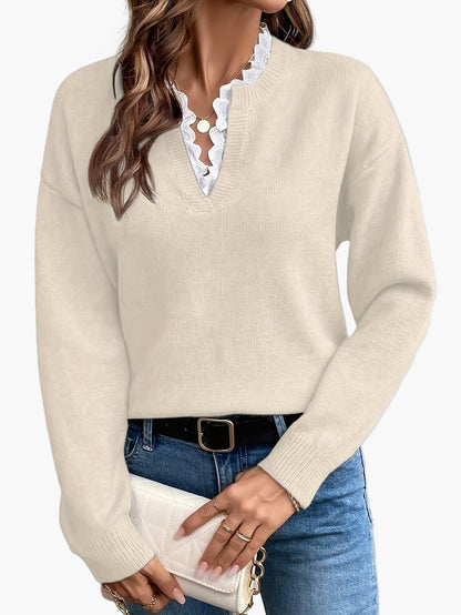 Damen Elegant Pullover mit V-Ausschnitt und Rüschenkragen – Perfekt für Alltag & Büro