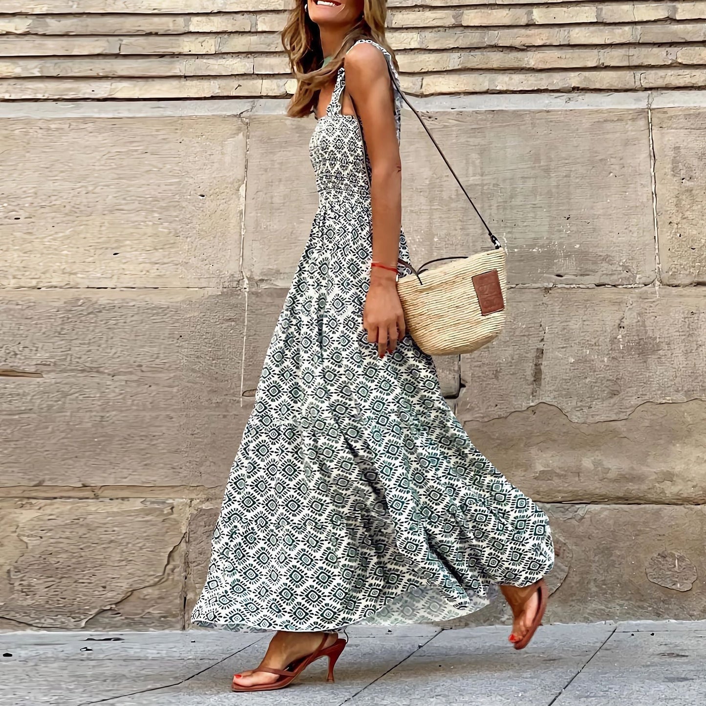 Marion – Elegantes bedrucktes französisches Blumenkleid mit Trägern