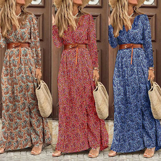 Sandra – Boho Blumenkleid mit V-Ausschnitt und langen Ärmeln