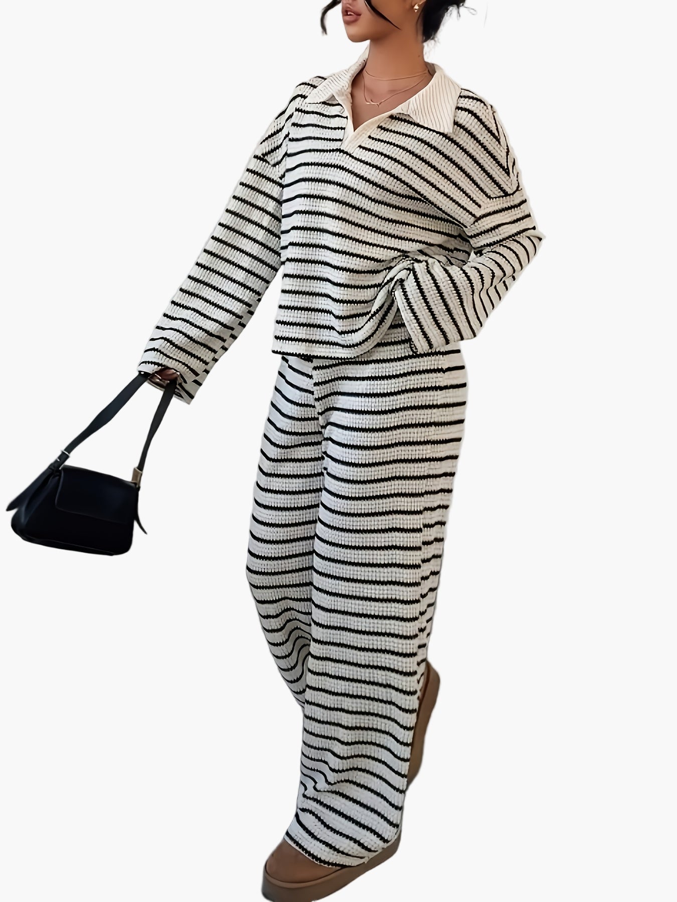 Damen Strick Zweiteiler Set Elegant Gestreift Lockerer Freizeit-Look für Herbst/Winter