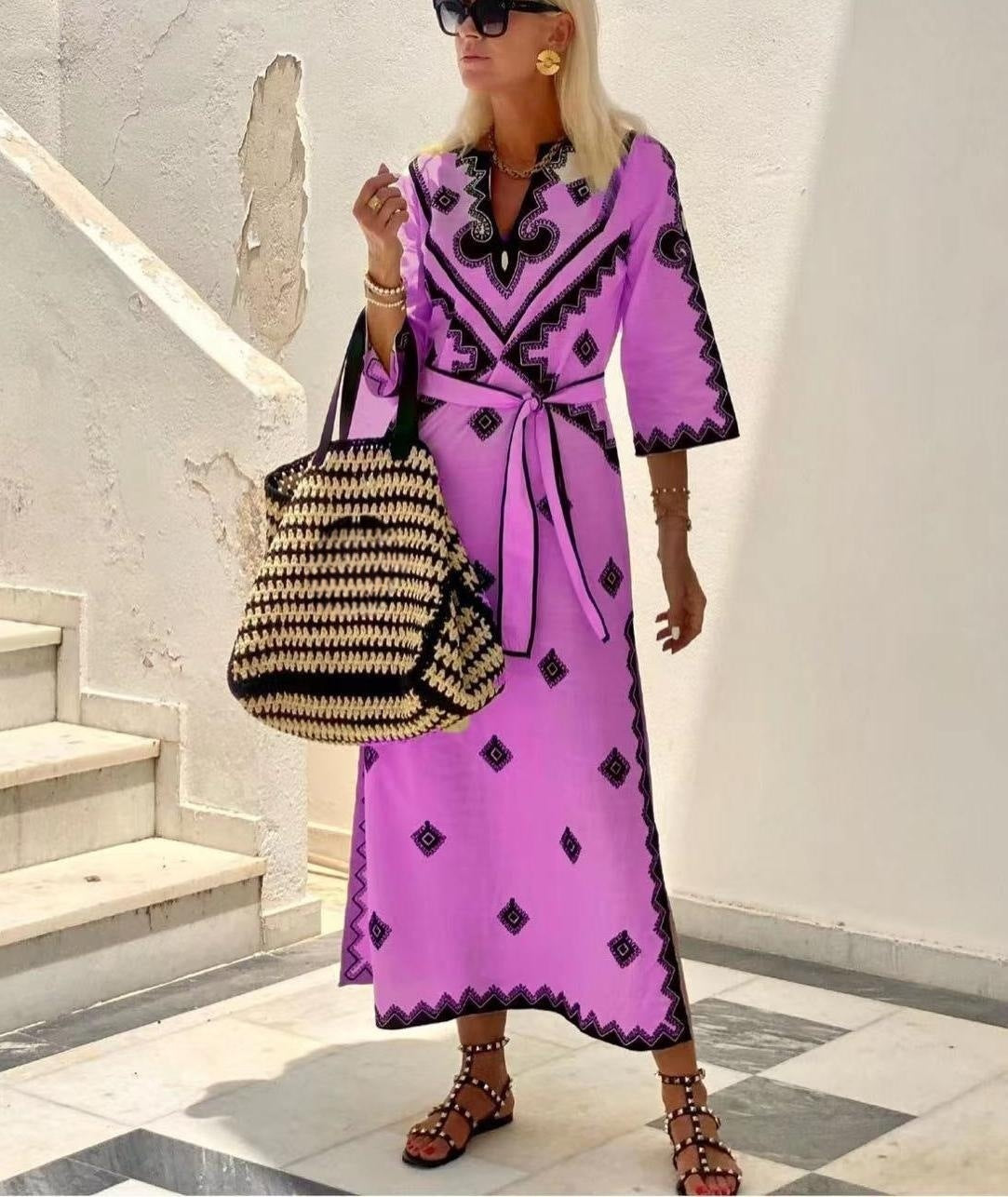 Phoebe – Bedrucktes Leinen Boho-Kleid
