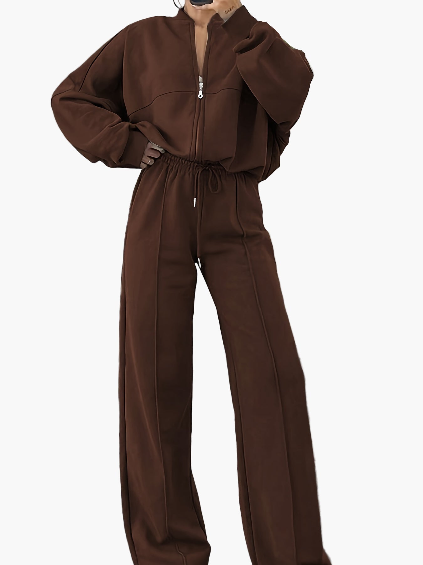 Damen Freizeit-Zweiteiler Set mit Stehkragen und weitem Bein – Sportlich & Bequem für Alltag und Reisen