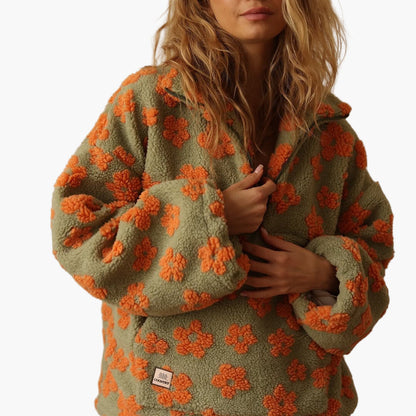 Damen Boho-Fleece-Pullover mit Blumenmuster – Kuscheliger Freizeit-Sweater für Herbst & gemütliche Abende