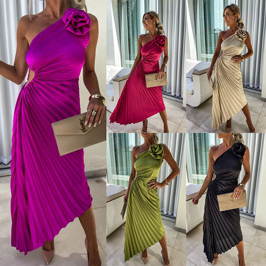 Damen One-Shoulder Plissee Cocktailkleid mit Blumenapplikation – Elegantes Asymmetrisches Abendkleid für Feste & Events