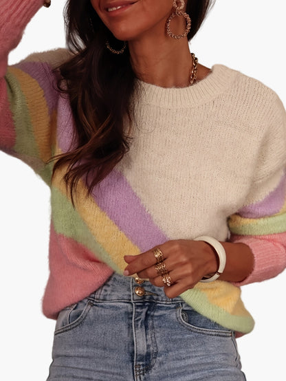 Damen Pullover Y2K Stil mit Regenbogen-Streifen – Modischer Strickpullover für Alltag und Freizeit
