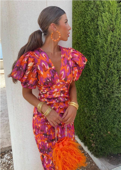 Damen Midikleid mit Puffärmeln und modischem Animal-Print – Elegantes Sommerkleid für besondere Anlässe