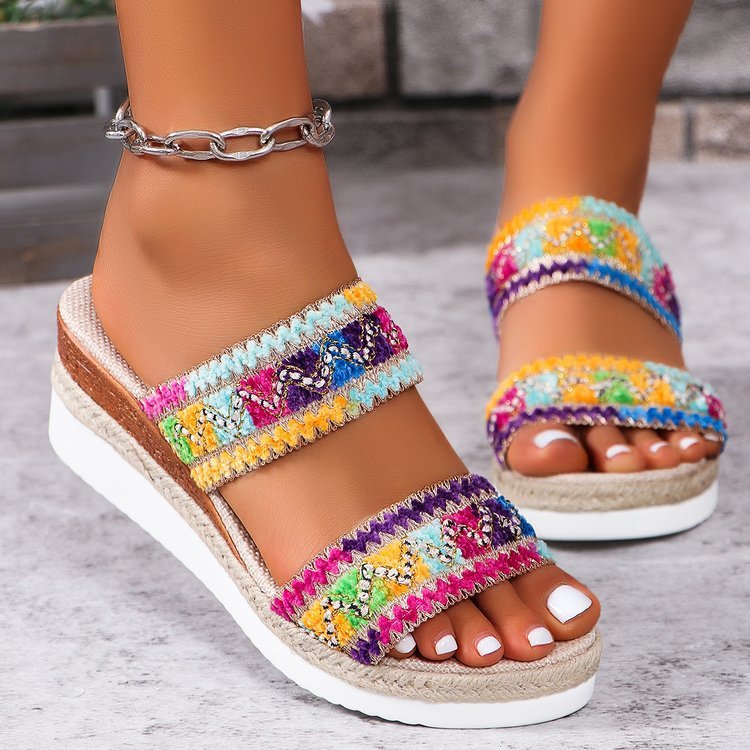 Robyn – Wellenmuster Woven Sandalen im Sommer, lässige ethnische Stil Riemchenschuhe mit Leinenboden und breiten Keilriemen für Frauen