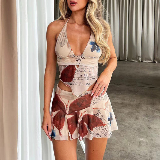 Amelia – 2-teiliges Druckanzug Sommer Sexy V-Ausschnitt Haltertop und Falten Minirock Damenkleid Set