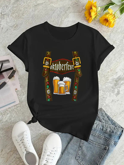 Damen Oktoberfest T-Shirt mit Bier Print – Lockeres Festivalshirt für Volksfeste & Partys