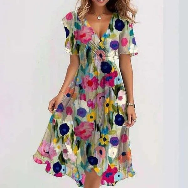Luftiges Sommerkleid Damen – Wickelkleid mit Blumenmuster und V-Ausschnitt – Midi Kleid für Urlaub, Strand & Freizeit