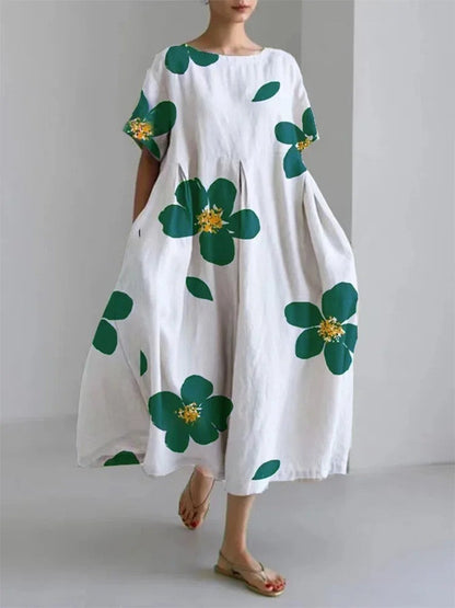 Damen Maxikleid im Retro-Stil mit großem Blumenmuster – Lockeres Sommerkleid für Alltag und Freizeit