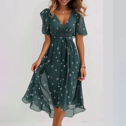 Luftiges Sommerkleid Damen – Wickelkleid mit Blumenmuster und V-Ausschnitt – Midi Kleid für Urlaub, Strand & Freizeit