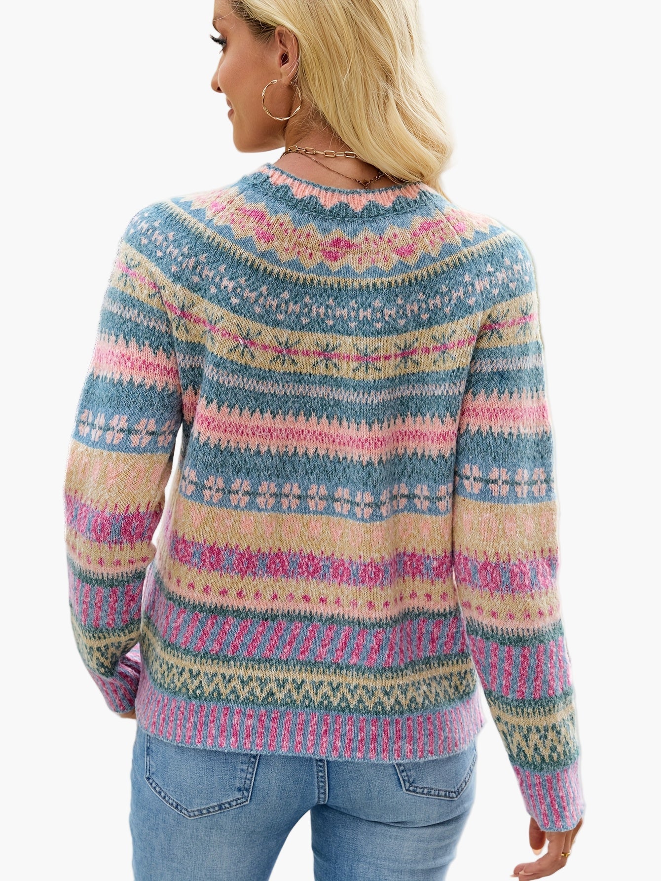 Damen Pullover im Norwegerstil mit Rundhalsausschnitt – Modischer Strickpullover für Herbst und Winter
