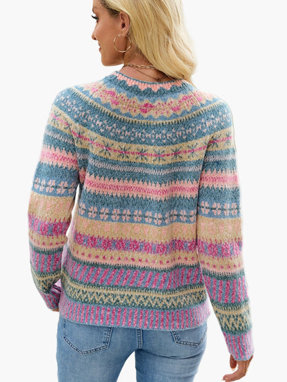Damen Pullover im Norwegerstil mit Rundhalsausschnitt – Modischer Strickpullover für Herbst und Winter
