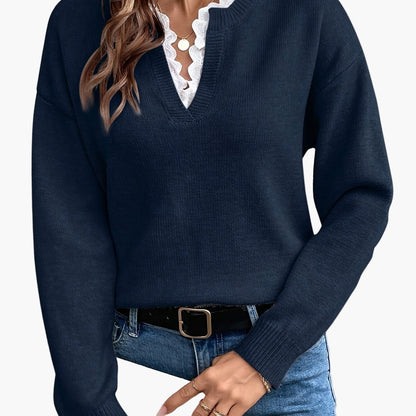 Damen Elegant Pullover mit V-Ausschnitt und Rüschenkragen – Perfekt für Alltag & Büro