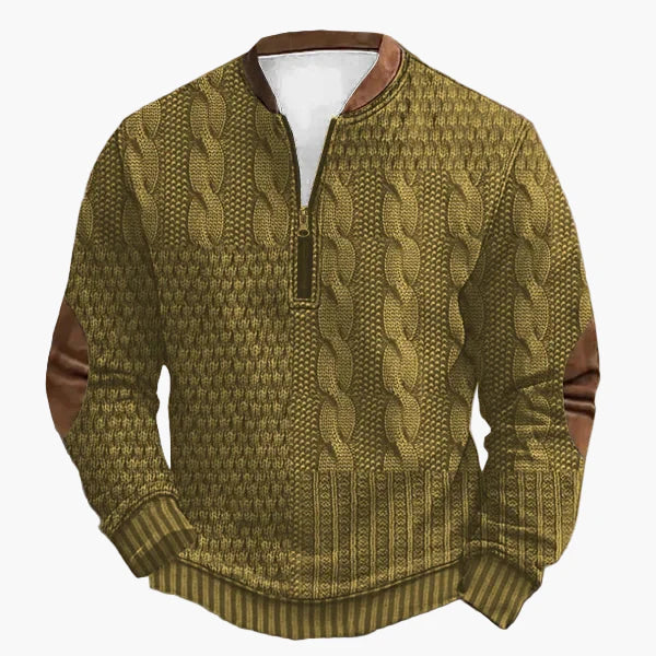 Herren Strickpullover mit halbem Reißverschluss – Modischer Freizeit-Sweater im Patchwork-Look