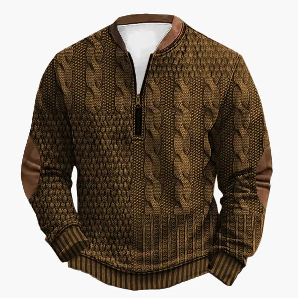 Herren Strickpullover mit halbem Reißverschluss – Modischer Freizeit-Sweater im Patchwork-Look