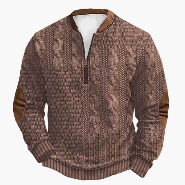 Herren Strickpullover mit halbem Reißverschluss – Modischer Freizeit-Sweater im Patchwork-Look