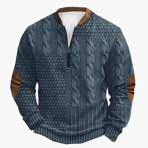 Herren Strickpullover mit halbem Reißverschluss – Modischer Freizeit-Sweater im Patchwork-Look