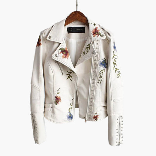 Damen Bikerjacke mit floraler Stickerei – Modischer Alltags- und Ausgehlook