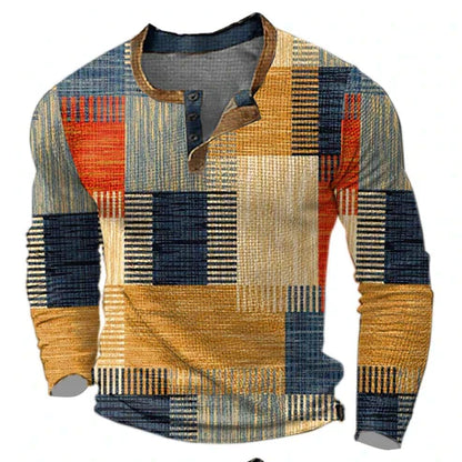 Herren Patchwork Henley Langarmshirt – Modischer Freizeitpullover für Herbst und Winter
