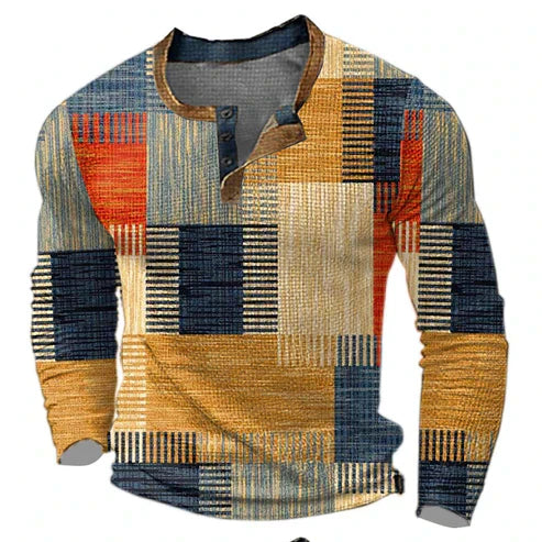 Herren Patchwork Henley Langarmshirt – Modischer Freizeitpullover für Herbst und Winter