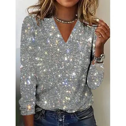 Damen Glitzer Pullover mit V-Ausschnitt – Eleganter Party- und Abend-Style