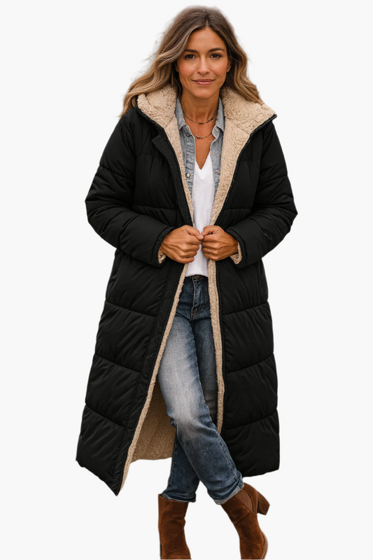 Damen Winter Steppmantel Lang mit Kapuze und Teddyfutter – Modischer Alltagsmantel für kalte Tage