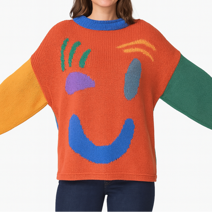 Damen Strickpullover mit abstraktem Gesichtsmotiv – Gemütlicher Wochenend- und Freizeit-Look