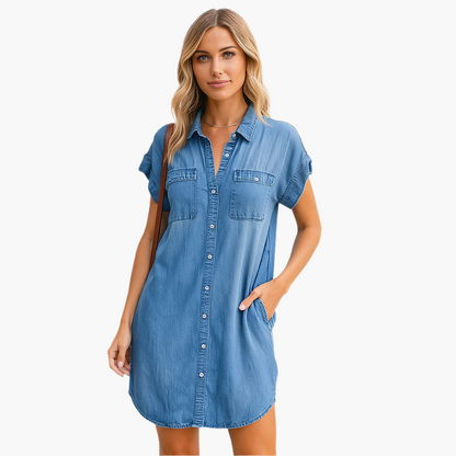 Damen Freizeit Jeanskleid Hemdblusenkleid Lockerer Schnitt – Perfekt für Alltag und Sommer