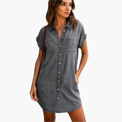 Damen Freizeit Jeanskleid Hemdblusenkleid Lockerer Schnitt – Perfekt für Alltag und Sommer