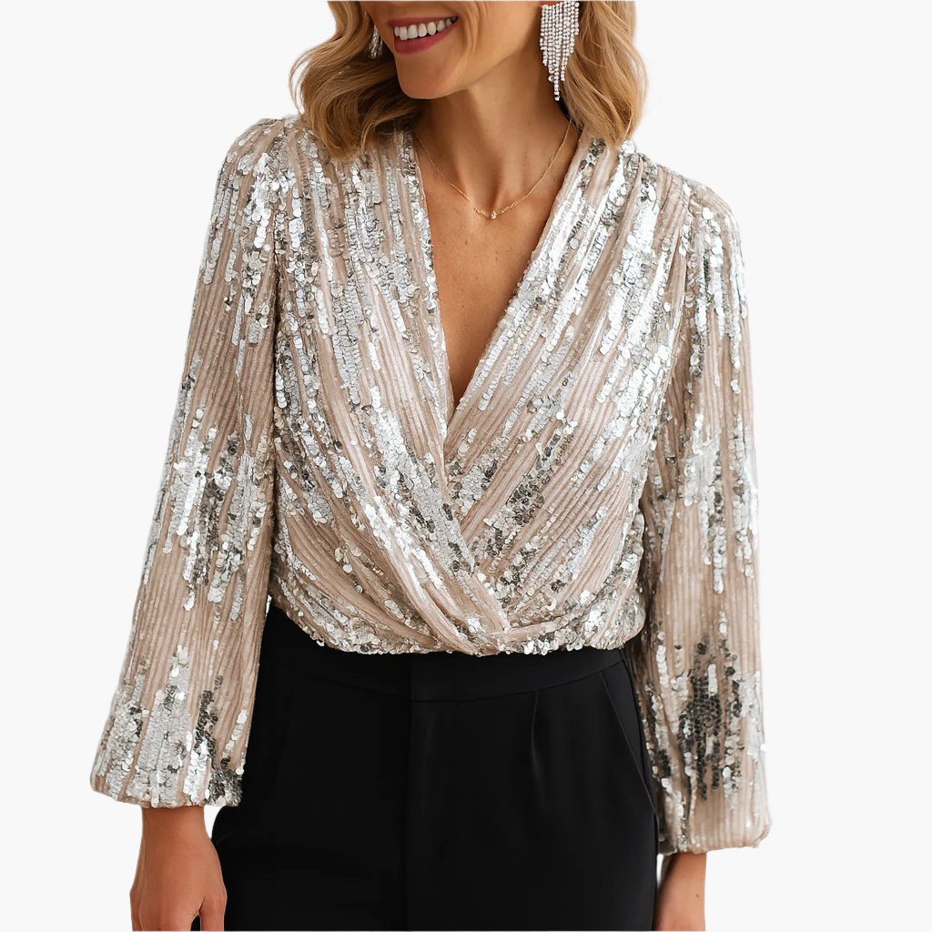 Damen Pailletten Bluse Elegant – Glänzende Party Oberteil mit Vintage Charme für festliche Anlässe