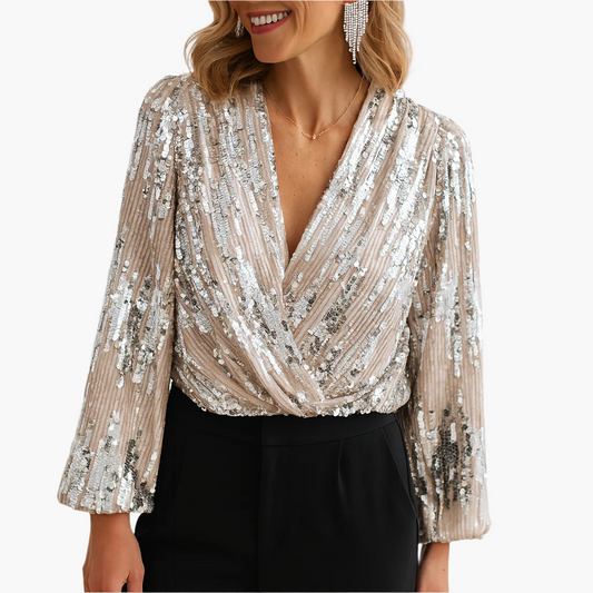 Damen Pailletten Bluse Elegant – Glänzende Party Oberteil mit Vintage Charme für festliche Anlässe