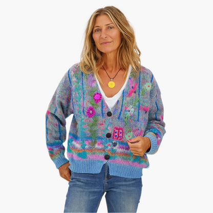 Damen Strickjacke im Boho-Stil mit floralen Akzenten – Modischer Cardigan für Freizeit und Alltag