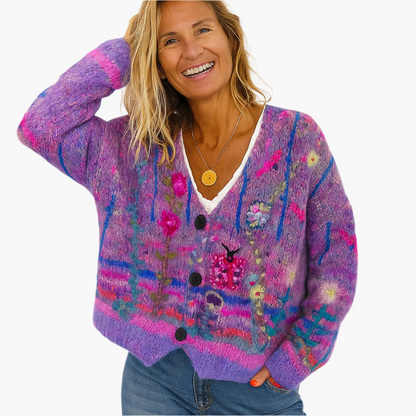 Damen Strickjacke im Boho-Stil mit floralen Akzenten – Modischer Cardigan für Freizeit und Alltag